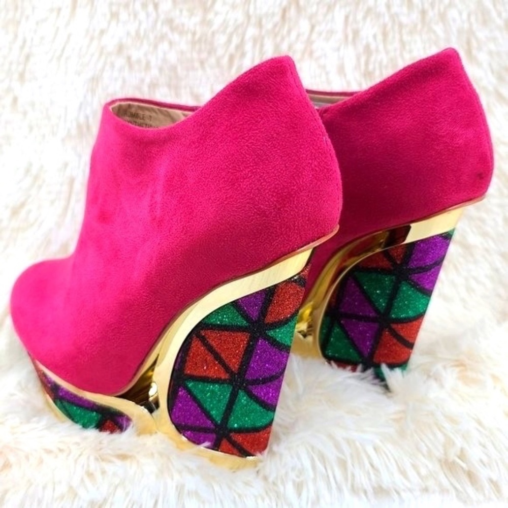 * Privileged  Fuchsia Multi Glitter 4"  Wedge Platform Heel Ankle Boot - Picture 3 of 5
